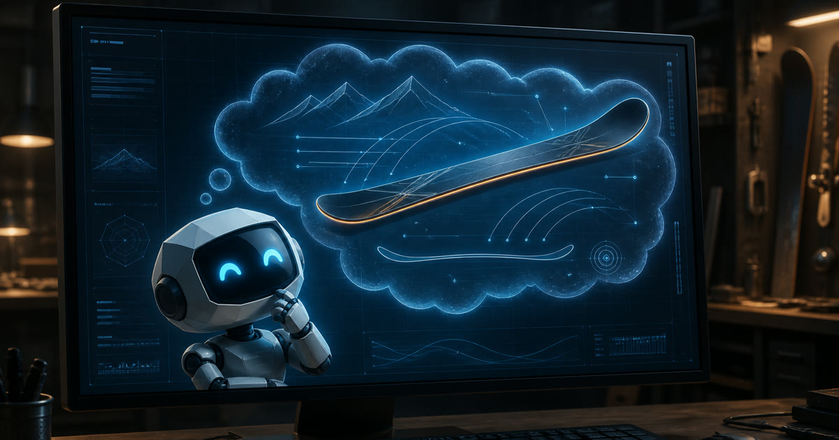 A stylized robot inside a computer screen imagining a ski shape and turn line