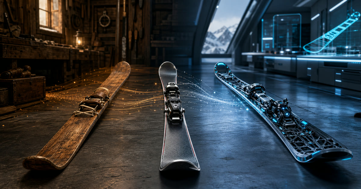 A wooden ski, a modern composite race ski and a mechanical AI-era ski arranged as a visual timeline