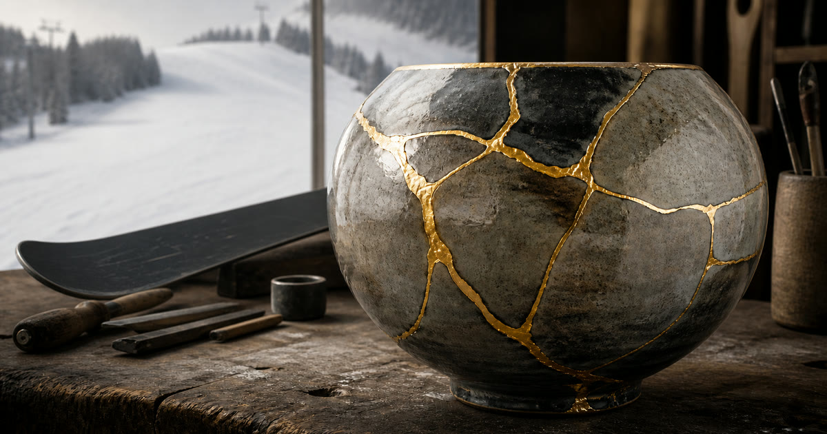 A kintsugi bowl with gold seams in the foreground and a black alpine ski in a quiet gate-free snow scene